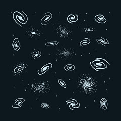 Wall Mural - Vector set of hand drawn galaxy. Spiral galaxy, elliptical galaxy, lenticular and irregular nebula. Space sign