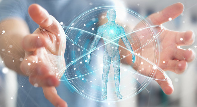 Businessman using digital x-ray human body scan interface 3D rendering