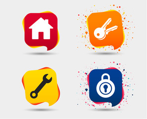 Home key icon. Wrench service tool symbol. Locker sign. Main page web navigation. Speech bubbles or chat symbols. Colored elements. Vector