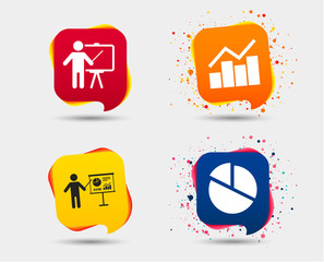 Wall Mural - Diagram graph Pie chart icon. Presentation billboard symbol. Man standing with pointer sign. Speech bubbles or chat symbols. Colored elements. Vector