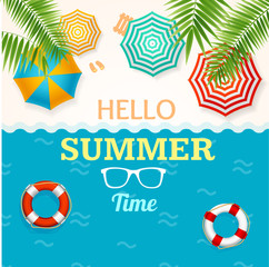 Wall Mural - Hello Summer Time Banner with a Beach Umbrella and Green Palm Leaf. Vector