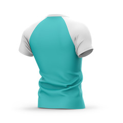 Men's blue t shirt with white short raglan sleeve. 3d rendering.