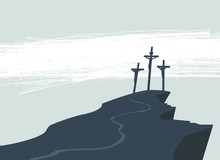 Vector Banner On Easter Or Good Friday With The Image Of Mount Calvary And Three Crosses With Crucified People
