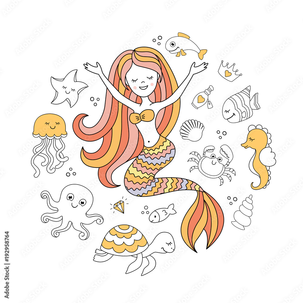 Cute little mermaid and sea animals. Under the sea vector illustration ...