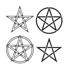 Wall Mural - Set of pentagram or pentalpha or pentangle. Hand drawn dot work ancient pagan symbol of five-pointed star isolated vector illustration. Black work, flash tattoo or print design