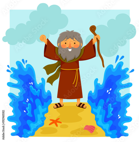 Fotografía Cartoon illustration of happy Moses parting the red sea in the biblical story