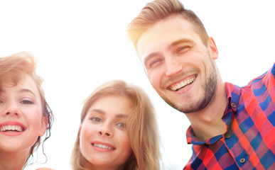 Sticker - closeup of three young people smiling on white background