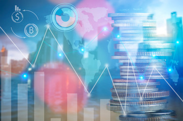 Wall Mural - Finance, profit, capital banking and investment concept, Double exporsure stacked of coins and night city with graph.