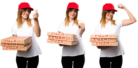 Canvas Print - Set of Pizza delivery woman making a deal and strong gesture