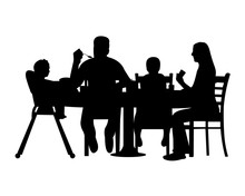 Silhouette Of A Home Scene Were A Family Enjoy Their Lunch Or Dinner, One In The Series Of Similar Images