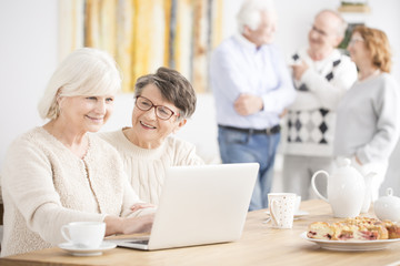 Wall Mural - Happy elderly women using laptop