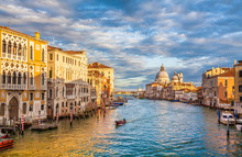 Canal Grande With Basilica Di Santa Maria Della Salute At Sunset, Venice, Italy