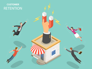 Customer retention flat isometric vector concept. Hand with magnet has appeared from the store building attracting people from everywhere.