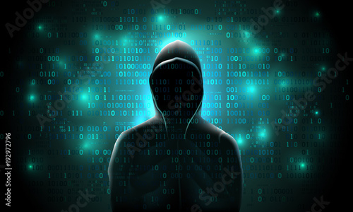 Fotomural Silhouette of a hacker on a background with binary code and lights, hacking of a