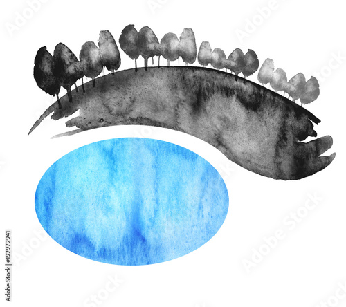 Watercolor Silhouette Of Trees Bushes Field Blue Pond Lake