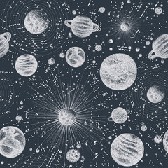 Wall Mural - seamless pattern with stars, satellites and other celestial bodies in outer space. backdrop with pla