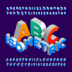 Wall Mural - Isometric alphabet font. 3d effect letters, numbers and symbols. Stock vector typeface for any typography design.