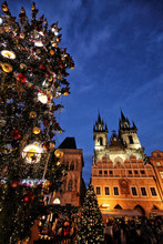 Prague Old Town Square With Christmas Tree And Cathedral