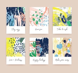 Poster - Bundle of greeting card or postcard templates with handwritten wishes and abstract hand drawn textures with colorful paint traces, stains, blots, scribble. Creative artistic vector illustration.