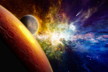 Wall Mural - Two aliens planets in deep space, glowing mysterious galaxy, comet in space