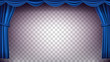 Blue Theater Curtain Vector. Transparent Background. Banner For Concert, Theater. Opera Or Cinema Empty Silk Stage, Blue Scene. Realistic Illustration