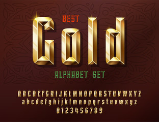 Fototapete - Stylish stylized golden and Glossy shining font with numbers, upper and lowercase letters.
