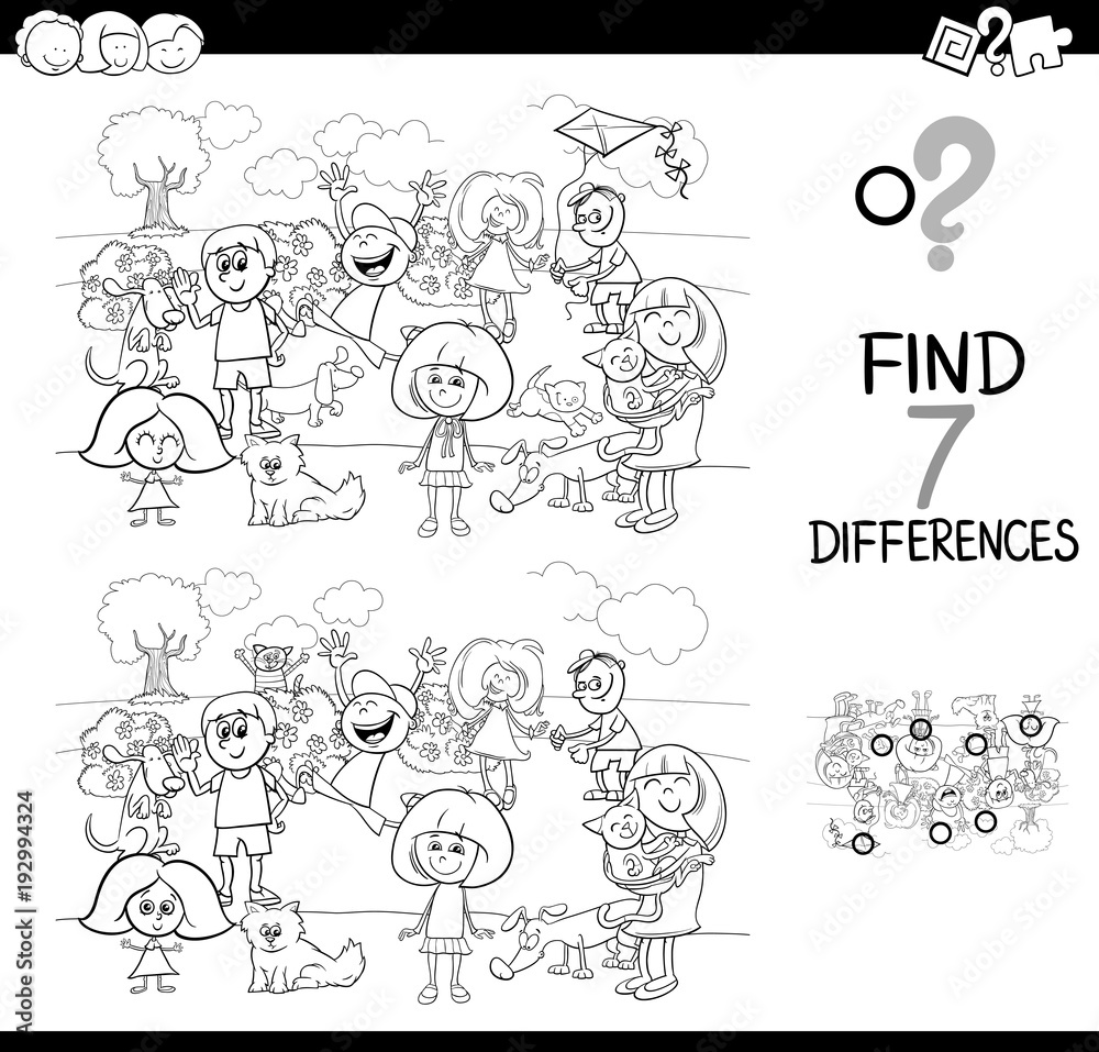 differences game with kids and pets for coloring Stock Vector | Adobe Stock