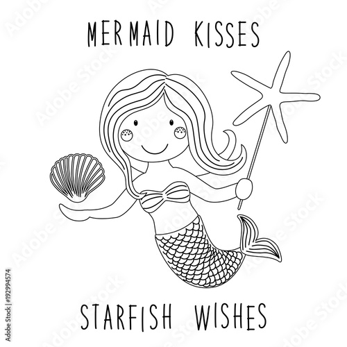 Cute childish hand drawn cartoon character of little mermaid with sea starfish, Poster