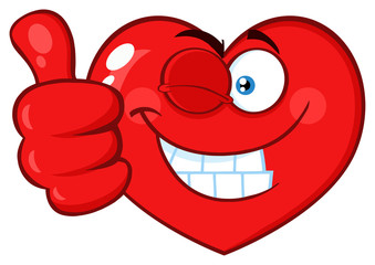 Red Heart Cartoon Emoji Face Character Winking and Giving A Thumb Up. Vector Illustration Isolated On White Background