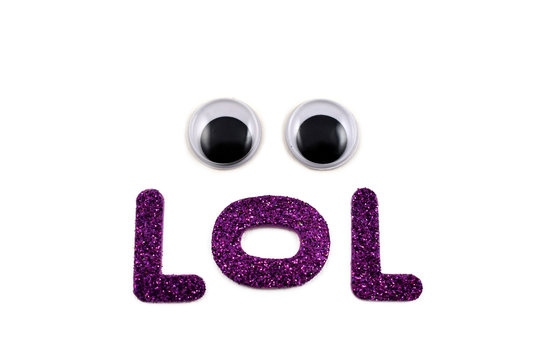 Inscription LOL stock images. LOL sign on a white background. Shortened form of a word. Laughing out loud. Lots of love. Funny inscription with eyes
