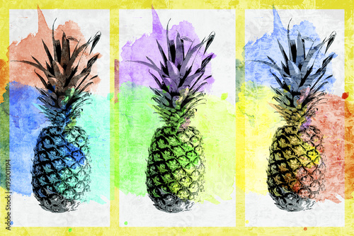 trzy-ananasy-na-wielokolorowym-tle
