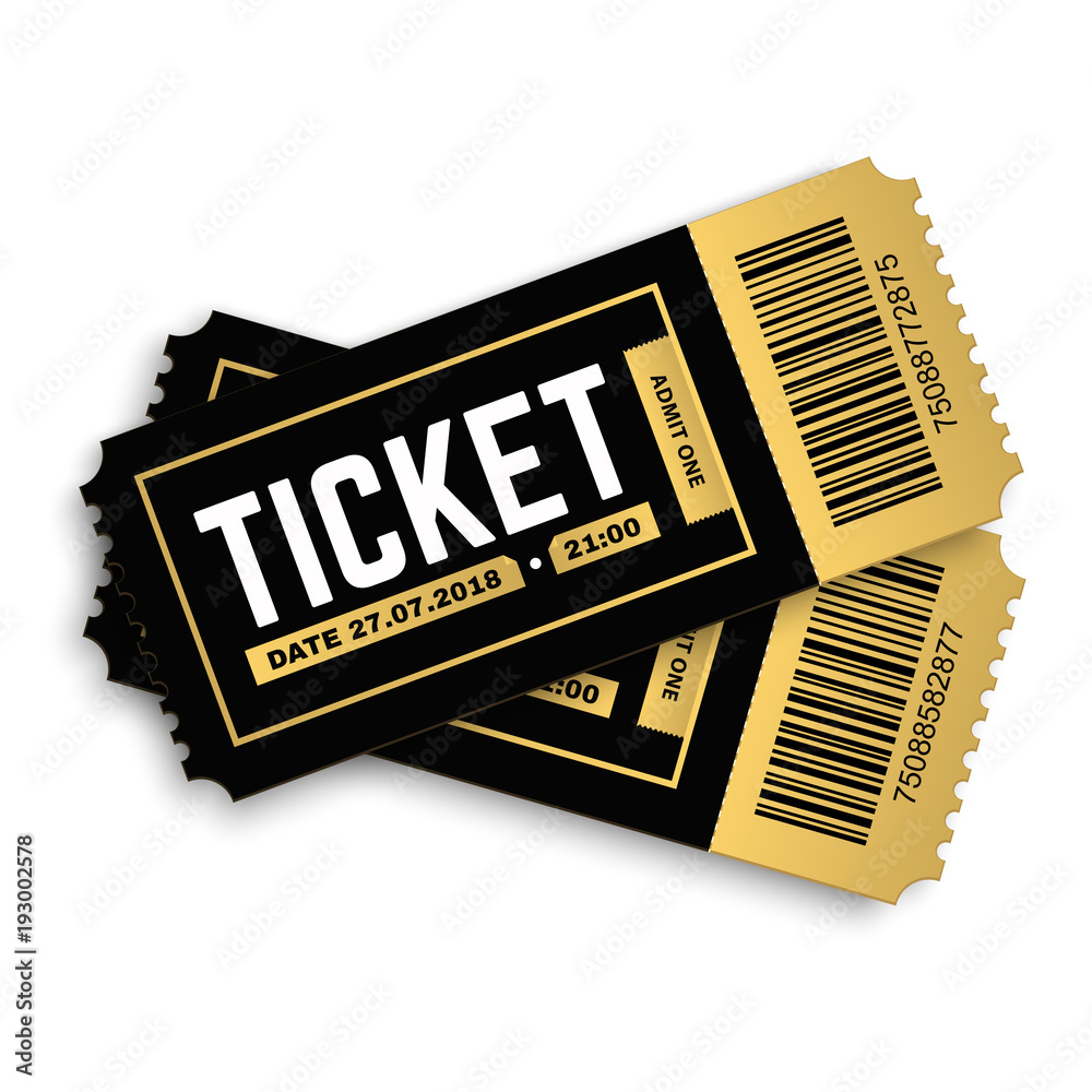 Two, pair vector ticket isolated isolated on white background. Cinema, theater,  concert, play, party, event, festival black and gold ticket realistic template set. Ticket icon for website.  - obrazy, fototapety, plakaty 