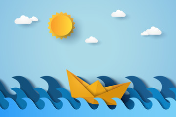Wall Mural - blue wave in ocean with boat sailing , paper art style