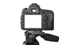 Modern Dslr Camera On A Tripod, Isolated On White Background