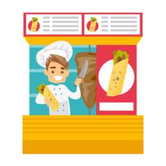 Canvas Print - Young happy caucasian white chef preparing shaurma in a street kiosk. Small business and oriental fast food concept. Vector cartoon illustration isolated on white background. Square layout.