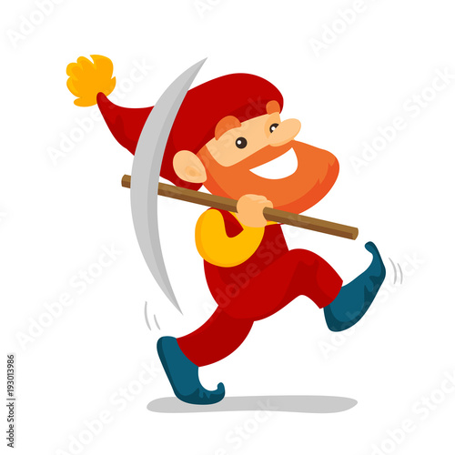 Cute Senior Dwarf In A Red Overall And Hat Walking With A Pickaxe Happy Dwarf Miner With Beard Holding A Mattock Vector Cartoon Illustration Isolated On White Background Square Layout Buy Vector clip art illustration with simple gradients. pickaxe happy dwarf miner