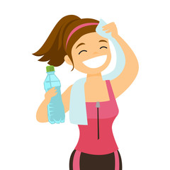 Canvas Print - Young caucasian white sporty woman drinking water and wiping sweat with a towel after workout. Healthy lifestyle concept. Vector cartoon illustration isolated on white background. Square layout.