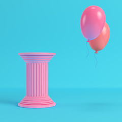 Pink ancient pillar with two flying balloons on bright blue background in pastel colors