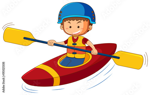 Cuadros en Lienzo Boy wearing lifejacket and helmet in canoe