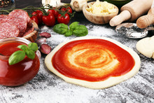 Fresh Original Italian Raw Pizza Preparation With Fresh Ingredients