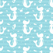 Sea life seamless pattern background with silhouettes of mermaid, fish, crab, sea horse and starfish.