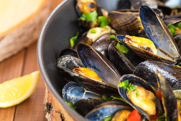 Plate of mussels with sauce and spices.