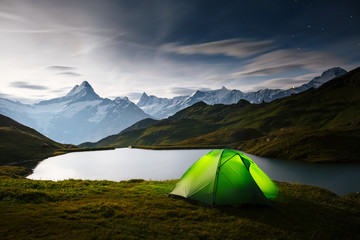 Wall Mural - great view of rock schreckhorn above bachalpsee lake. location place swiss alps, grindelwald valley,
