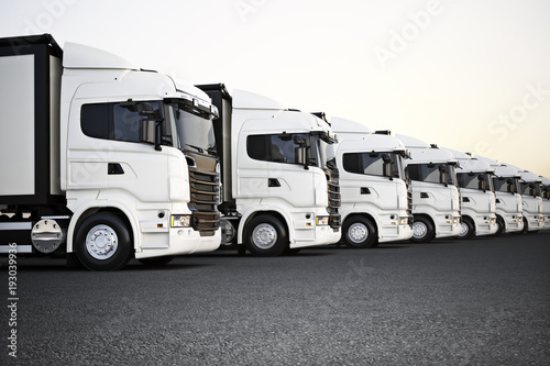 Cuadros en Lienzo Fleet of white commercial transportation trucks parked in a row ready for business distribution