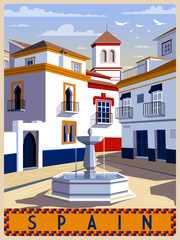 Wall Mural - Summer day in small town, Andalusia, Spain. Handmade drawing vector illustration. Retro style.