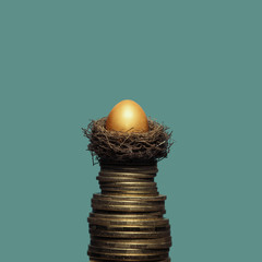 A golden egg in a nest on a pile of coins. The metaphor of accumulation of money and successful investments.