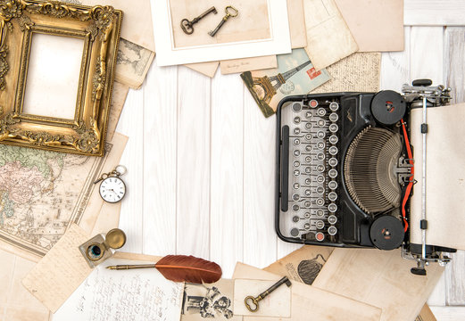 Antique typewriter vintage office accessories Flat lay still life