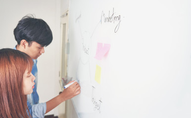 Wall Mural - men and woman are writing a plan on a white board. To present to the team. Planning concept by writing drafts of work.