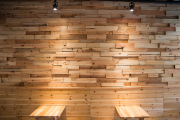 Wall Mural - Planks brown wooden panel wall with two dimming downlight lights