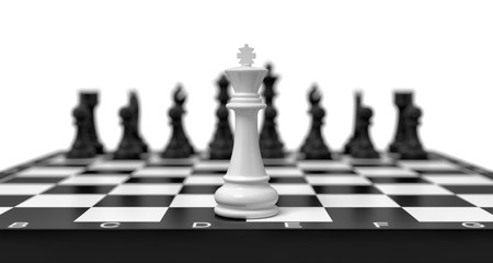 Poster - 3d rendering of a lone white chess king stands on a chess board with black figures looming in the blurred background.